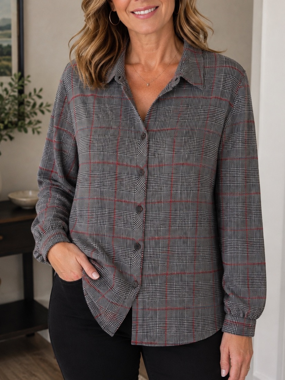 Foxcroft Houndstooth Plaid Relaxed Button Down Blouse 18